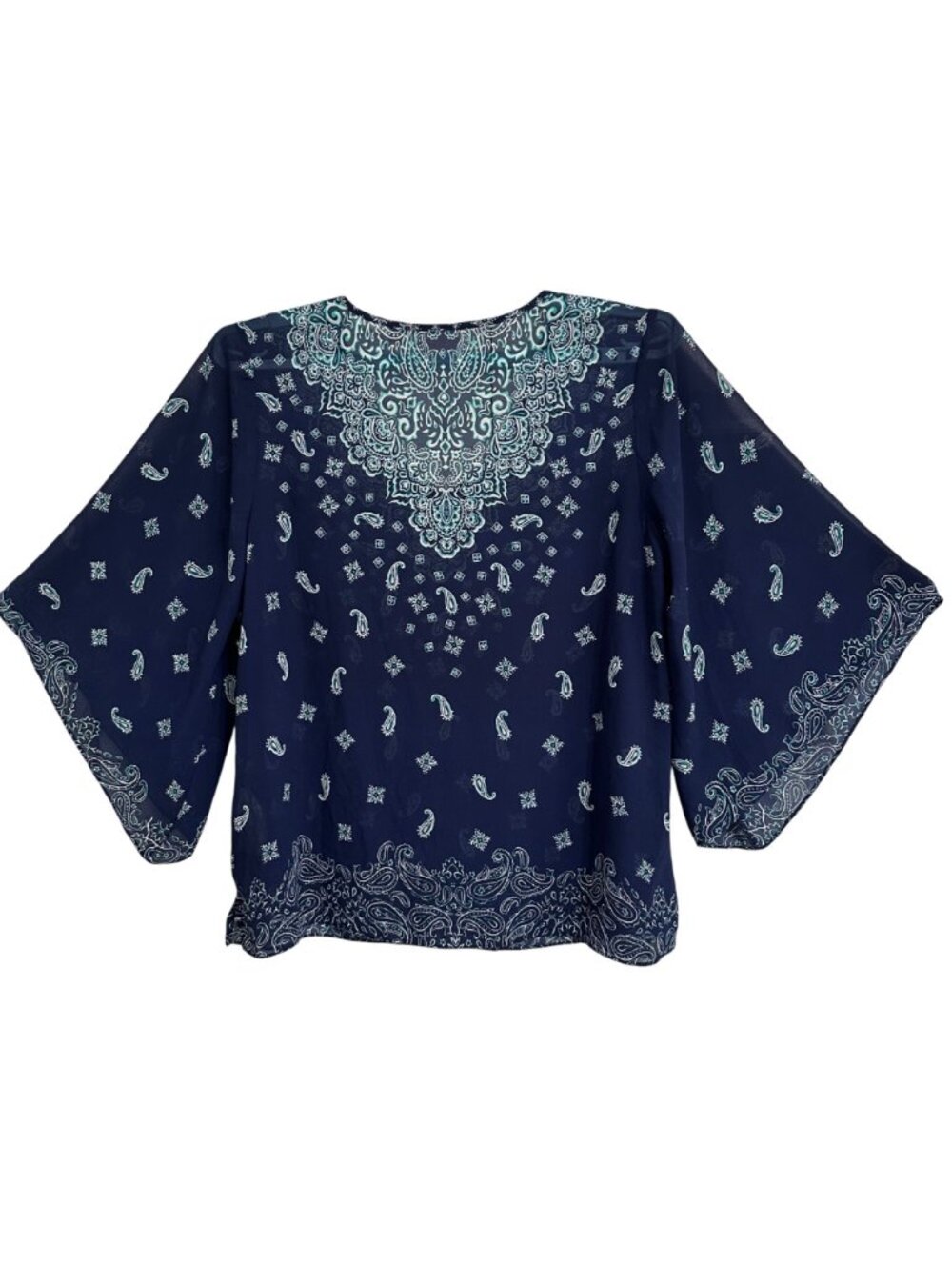 Belle Kim Gravel Navy & Teal Paisley Print V-Neck Sheer Blouse Top Womens L Boho - Picture 3 of 8